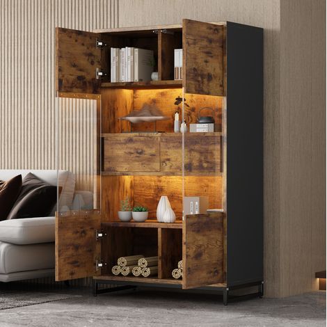 Vetrina LED 80 x 40 x 138 cm con 2 cassetti, MDF, nero e legno HAVRYA (1/5)