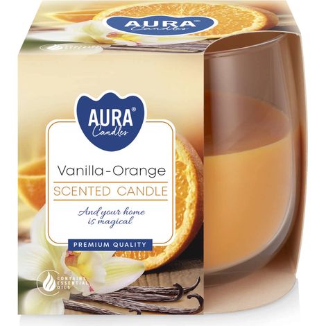 Candela profumata alla vaniglia e arancia in una confezione regalo di vetro.
