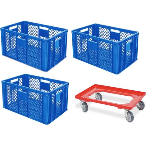 BRB Lot de 3 récipients euros ajourés, qualité alimentaire, 600 x 400 x 320 mm, avec chariot de transport (bleu)