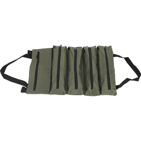 Sac à outils en toile, pliable et portable, avec 5 poches zippées, vert militaire (1/5)