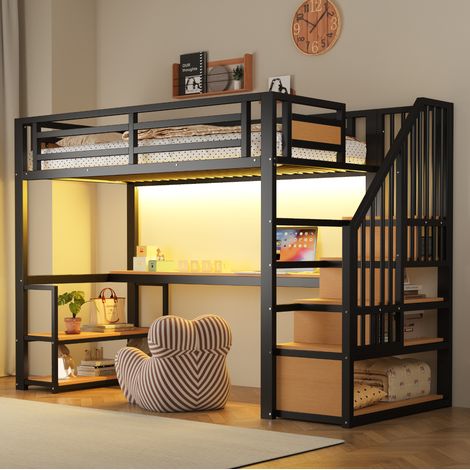 Cama alta metálica 90x200 cm con LED, enchufe, escritorio, estantes y escalera, negra (1/5)