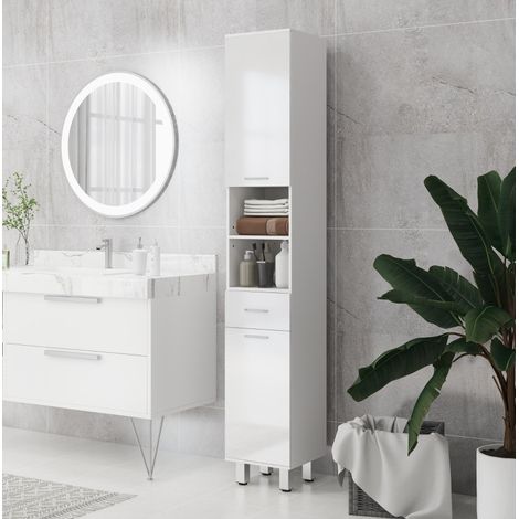 Badschrank hoch modern in Weiß Holzoptik/Glanz, 1 Schublade, 2 Türen, 2 offene Fächer, verstellbare Einlegeböden, 30 x 30 x 180 cm (1/5)