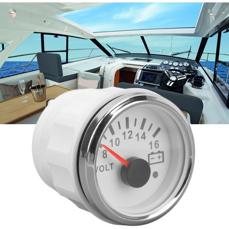 Analoges 9–32-V-Gleichstrom-Voltmeter, 52 mm, mit siebenfarbiger Hintergrundbeleuchtung, ideal für Wohnmobile, Yachten, Fischerboote und Schiffe. Weißes Zifferblatt und silbernes Gehäuse (Art.-Nr.: CX (1/5)