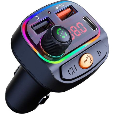 Trasmettitore FM con luce ambientale + cancellazione del rumore, adattatore per auto, porta USB e tipo C, Bluetooth 5.0 wireless, funzione vivavoce, ricevitore per lettore MP3, supporto bassi