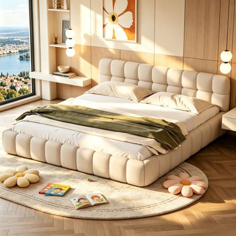 lit bubble 160x200, cadre de lit pour adulte, lit deux personnes, lit double, Lit rembourré 2 places en lin, Beige, sans matelas, MDF (1/5)
