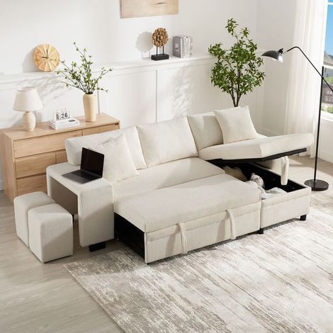 Canapé d'angle convertible - 3 places modulable - Tissu cord beige - Méridienne réversible - Rangement & USB-C (1/5)
