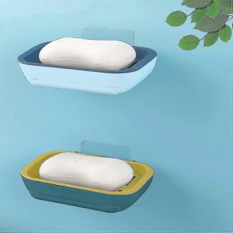 Porte-savon mural sur pied avec double bac d'égouttage, porte-éponge à ventouse pour baignoire ou lavabo. (1/4)