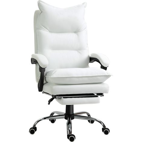 Silla de Oficina Giratoria con Reposapiés, Respaldo Reclinable 155° y Altura Regulable, Polipiel Blanco (1/5)