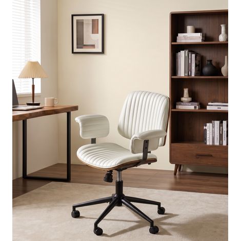 Sedia da Ufficio Girevole a 360 Gradi con Braccioli Imbottiti e Ruote, Pelle Sintetica e Metallo Beige (1/5)