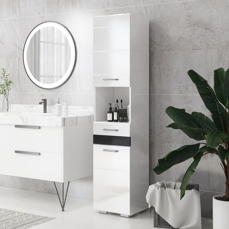 Colonna Bagno in MDF con Ripiano Aperto, Cassetto e Armadietto Chiuso, 37x32.5x170 cm, Bianco