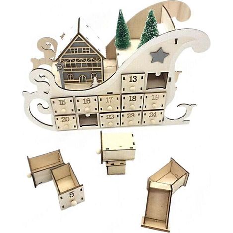 Calendario dell'Avvento di Natale (Rosso/Colore Legno), Calendario dell'Avvento con slitta in legno, albero di Natale e 24 cassetti vuoti, Calendario del conto alla rovescia di Natale, Calendario del 