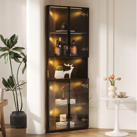 Vitrine d'angle 62x32x160 cm en MDF noir, avec rangement gain de place pour salon, FLORAGRACE (1/5)