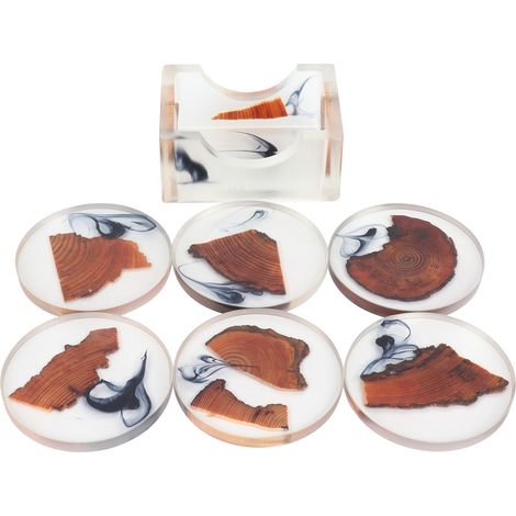 Ensemble de 6 sous-verres isolants en bois de pin et résine, protection de table (support rond pour sous-verres) (1/5)