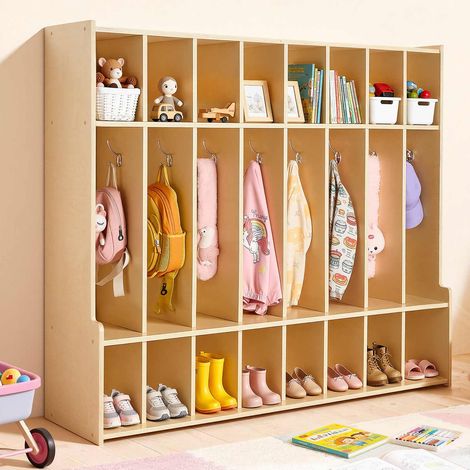 Vestiaire 8 Enfants Ouvert, Penderie pour Enfants en Bois, Rangement pour Crèche Maternelle Garderie Maison, Meuble d'Accueil Scolaire avec Casiers à Manteaux et à Chaussures, Cases Supérieures (1/5)