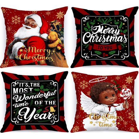 Juego de 4 fundas de cojín decorativas navideñas, de 45 x 45 cm, con un diseño de Papá Noel negro y una niña afroamericana. (1/5)
