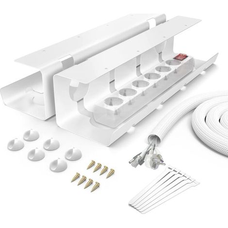Cable Management Bureau, Cache Grande Capacité, Range Facile à Assembler avec 6Porte-câbles/6Câbles Autocollants (2PCS, Blanc) (1/5)