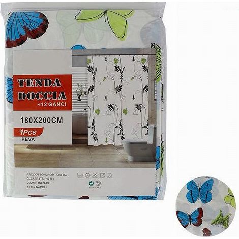 TRADE SHOP - Tenda Doccia Vasca Da Bagno Peva 12 Ganci Decorata Con Farfalle 180x200cm 52146 - (1/2)
