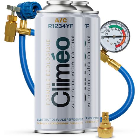 Climeo 2x400ml + tubo con manometro + adattatore - Refrigerante ecologico R1234yf Servizio di climatizzazione indipendente