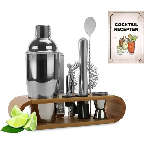 Coffret à cocktails KitchenBrothers - 11 pièces - Shaker inclus (750 ml) - Complet pour bar à cocktails - Bois naturel - Coffret à cocktails - Livre de recettes inclus - Emballage cadeau (1/4)