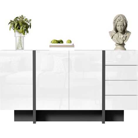 Weißer Hochglanz-Sideboard, moderner und schlichter Anrichte mit 2 Türen und 4 Schubladen, leicht zu reinigen, ideal für Wohnzimmer oder Esszimmer (1/5)