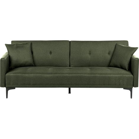 Sofá cama moderno con respaldo abotonado de 3 plazas patas de negras tela verde oscuro Lucan