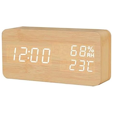 MINKUROW Display Digitale Orologio A Led Umidometro Da Tavolo In Legno Controllo Vocale Luminoso Orologio Da Tavolo Digitale Timer Lampada Bianca In Bambù