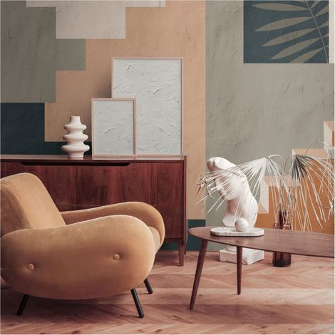 Sfondo fotografico Profhome 398951 Carta da parati TNT goffrata a caldo liscia con motivi architettonici opaca verde azzurro arancione beige 3,71 m x 2,8 m (1/4)