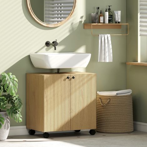 Meuble vasque style nordique en bois naturel, sous-lavabo 2 portes Soft-Close, étagère réglable et roulettes verrouillables (1/5)