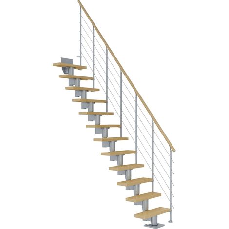 Dolle Mittelholmtreppe Dublin Gerade aus Ahorn lackiert 71 cm breit für GH 240–292 cm UK Metall Perlgrau mitlaufende Edelstahlstäbe