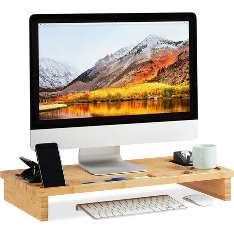 Relaxdays Monitorständer Bambus, Bildschirmerhöhung für Laptop, Bildschirmständer mit Stauraum, HBT 9 x 60 x 30cm, natur