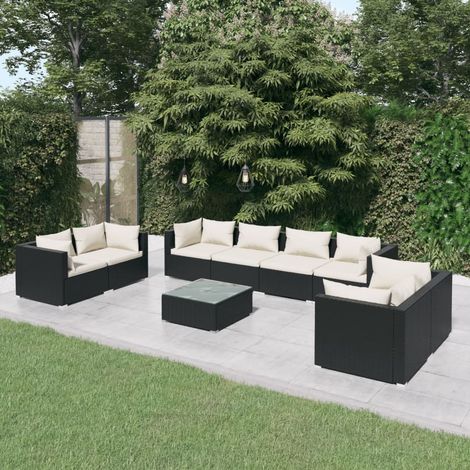 Salon de jardin 9 pcs Ensemble Table et Chaise de Jardin - avec coussins Résine tressée Noir BV604837 - BonneVie (1/5)