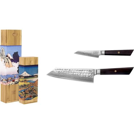 Coffret de 2 Couteaux de Cuisine en Acier Inoxydable AUS-10 Martelé et Manche en Ébène - PANGIVO (1/5)