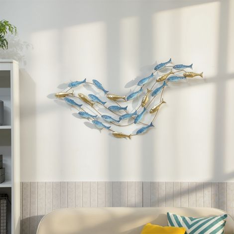 Décoration murale Banco di Pesci en Metallo et Viti Incluse, 99,7x3,8x50,2 cm, Oro e Blu (1/5)