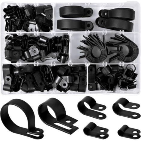 200 Stück Pinces en Plastique en Nylon R Clips Colliers de Fixation de Tubes, 6 Tailles 3/16'' 1/4'' 3/8'' 1/2'' 3/4'' 11/8'' Attaches pour Conduits, Câbles, Gaines (Noir) (1/5)