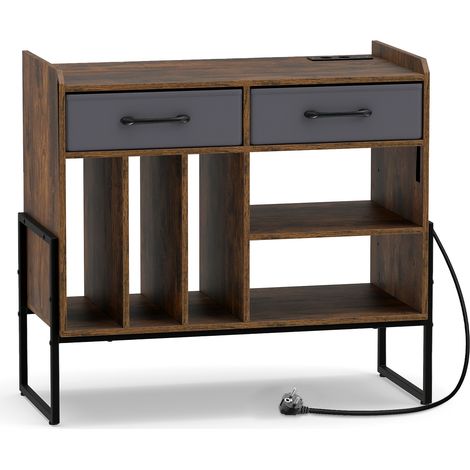 Support pour Tourne-Disque, Meuble Platine Vinyle avec Station de Charge, 3 Compartiments, 2 Tiroirs Tissu Amovibles, Étagère Ajustable (1/4)