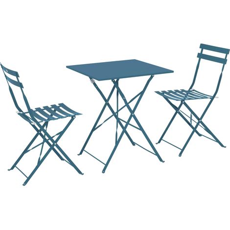 Oviala – Ensemble table et 2 chaises pliantes en acier bleu pacific – Traitement anti-corrosion – Peinture époxy pour extérieur – Dimensions table 60x60cm