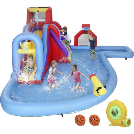 Château gonflable aquatique avec souffleur 550W, toboggan, mur d'escalade, panier de basket, but de football