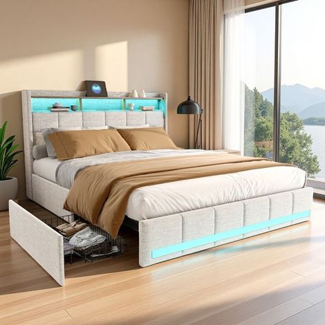 Bett 160x200 cm mit 4 Schubladen und LED, USB, Typ C, Erwachsenenbett 160x200 cm mit Lattenrost, Doppelbett 160x200 cm aus Leinen, Beige