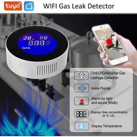 Détecteur de Gaz WiFi Intelligent, Détecteur de Fuite de Gaz Naturel/Méthane/GPL/Carbone, Écran LCD, Alarme 85dB, Compatible Alexa & Google Home, Certifié en 50194 (1/5)