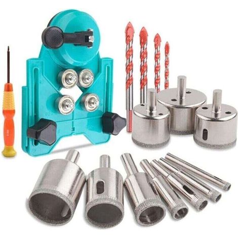 Ensemble de forets diamantés, kit de scie cloche avec 10 pièces de scie cloche 6-50 mm, localisateur de trou de forage, 4 pièces de perceuse à verre pour céramique, verre, carrelage, porcelaine-Bleu (1/5)