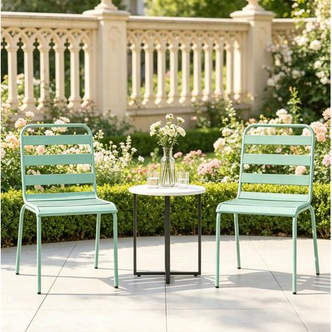 2er-Set stapelbare Gartenstühle 46×58×78 cm aus grünem Stahl – MEUBLIV (1/5)