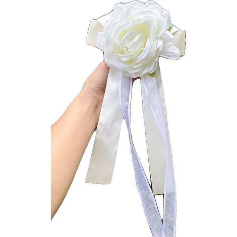 Decorazione per auto nuziale, rose artificiali bianche, nastro elegante, singola testa bianca (1/2)