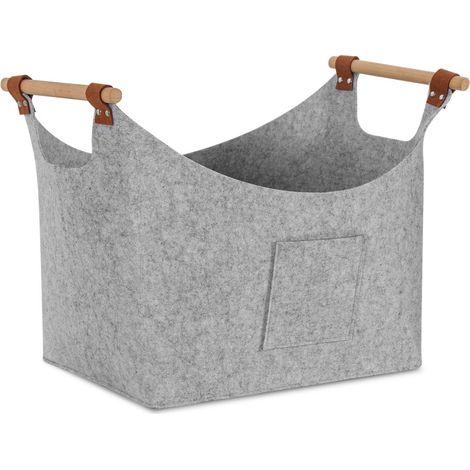 Jopassy Panier en feutre avec poignées en bois, panier à bois pour cheminée, panier à bûches 5 mm, gris clair (1/4)