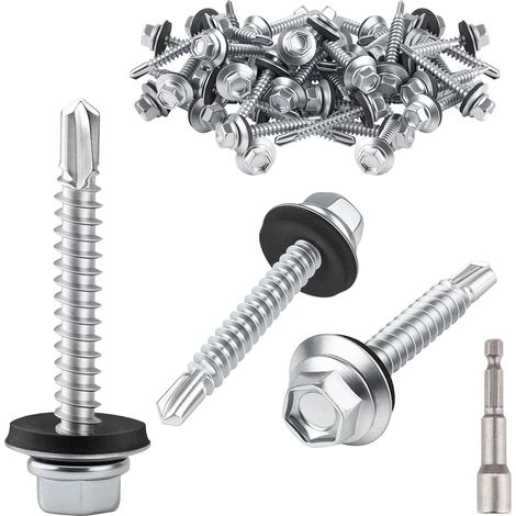 Lot de 70 vis auto-taraudeuses pour tôle trapézoïdale - 4,8 x 50 mm - Vis auto-taraudeuses avec rondelle d'étanchéité - Vis à tôle hexagonale - Vis étanches pour tôle de toiture, tôle (1/5)