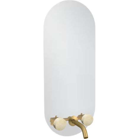 Miroir LED ovale 3 trous + mélangeur lavabo encastré 3 trous JACOB DELAFON Grands Boulevards marbré travertin sable et laiton brossé