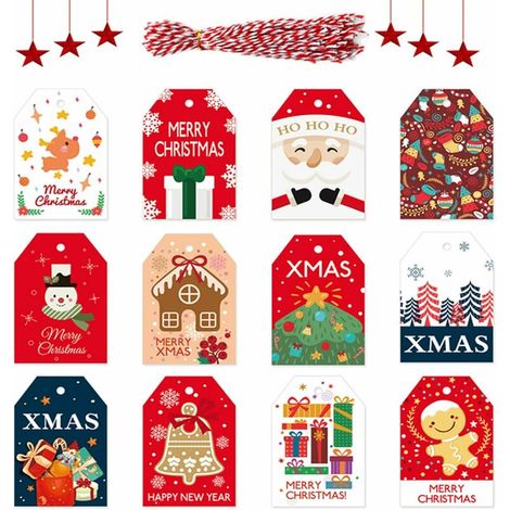Étiquettes de Cadeau de Noël, Tags, 48 Pièces Étiquettes en Papier de Noël avec 50 pièces de Cordon de Coton, pour Le Bricolage de Noël Étiquette Cadeau Carte (4.5x6.8cm),- Lefou (1/5)
