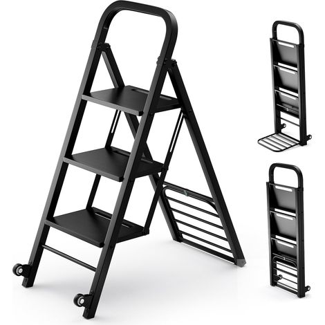 Costway – Escabeau diable pliant 2 en 1 – Échelle à 3 marches larges – Capacité 200 kg – Diable avec roues – Structure en métal – Dimensions 81x44x117 cm (1/5)