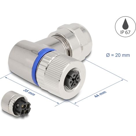 Delock M12 Conector codificado A de 4 pines hembra para montaje con conexiÃ³n por tornillo con Ã¡ngulo de 90Â° metal
