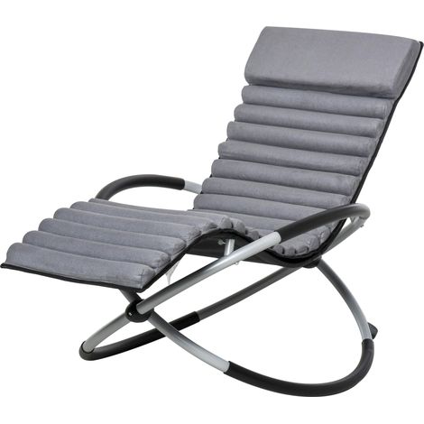 Sedia a dondolo pieghevole, design contemporaneo, con materasso imbottito effetto scamosciato, in metallo e textilene, grigio e nero.