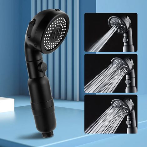 Pommeau de douche (noir) à trois modes : arrêt par simple pression d’un bouton et sélection du jet d’eau bicolore